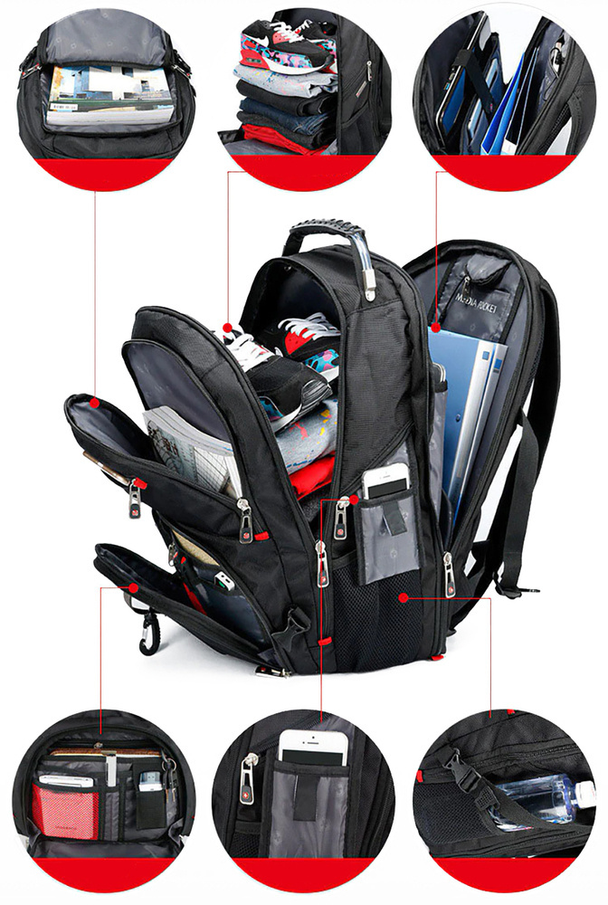 Wielofunkcyjny, duży plecak z komorą na laptopa | 40l, gniazdo USB i mini jack 3,5", nylon balistyczny 1680D | czarny | BR10 - obrazek 4