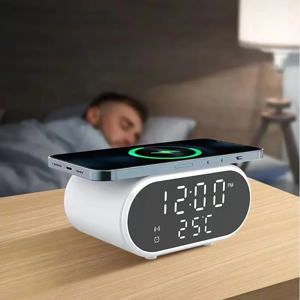 Inteligentny budzik z ładowarką bezprzewodową Qi 15W | Budzik z trzema alarmami | Zegarek z wyświetlaczem temperatury | SZ06-15W-W - obrazek 8
