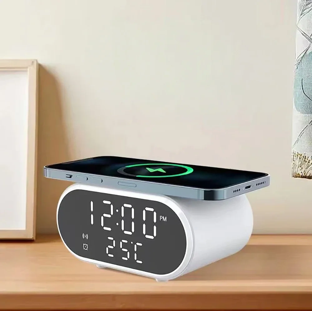 Inteligentny budzik z ładowarką bezprzewodową Qi 15W | Budzik z trzema alarmami | Zegarek z wyświetlaczem temperatury | SZ06-15W-W - obrazek 11