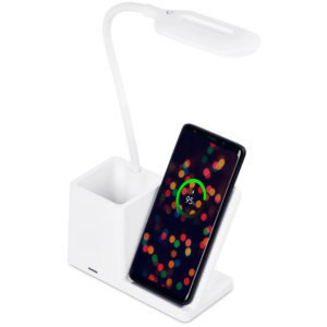 Inteligentna lampka biurkowa LED z ładowaniem bezprzewodowym Qi | Lampka biurowa 3w1 z przybornikiem i ładowarką | Nowoczesna lampka do nauki z organizerem | MD-K5-15W
